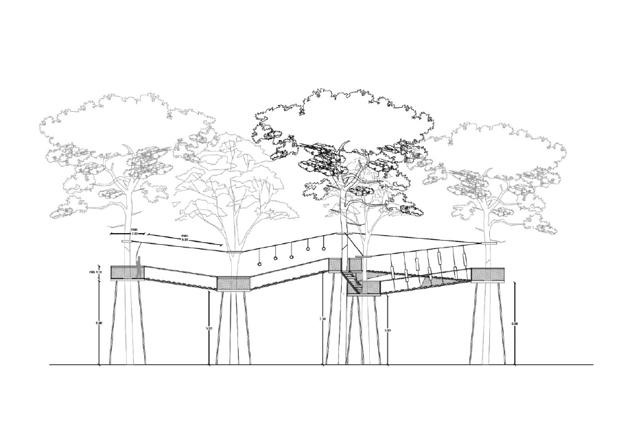Forest walkway (pasarela) — OJA Architecture sketch, Sendero Sur